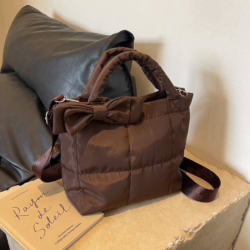 Women's Shoulder Bag Large Capacity Rhombus Solid Color Minimalist Bowknot New Astronaut Bag Cotton Jacket Bag