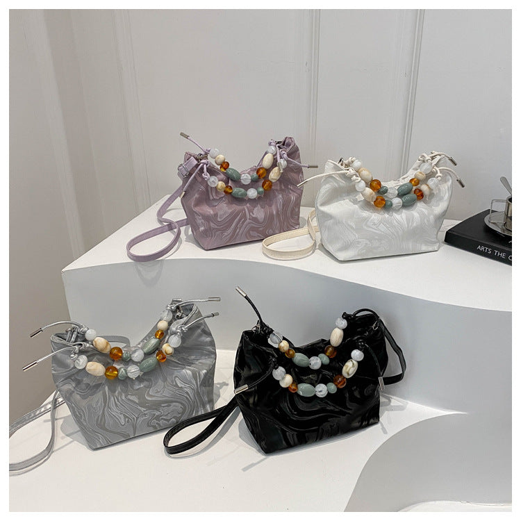 Elegant Marbled PU Bucket Bag with Beaded Handle, Minimalist Crossbody Design for Daily Wear