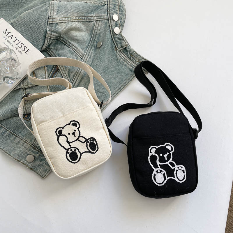 Cute Bear Embroidery Canvas Bag Women's New Shoulder Messenger Bag Versatile Student Phone Bag