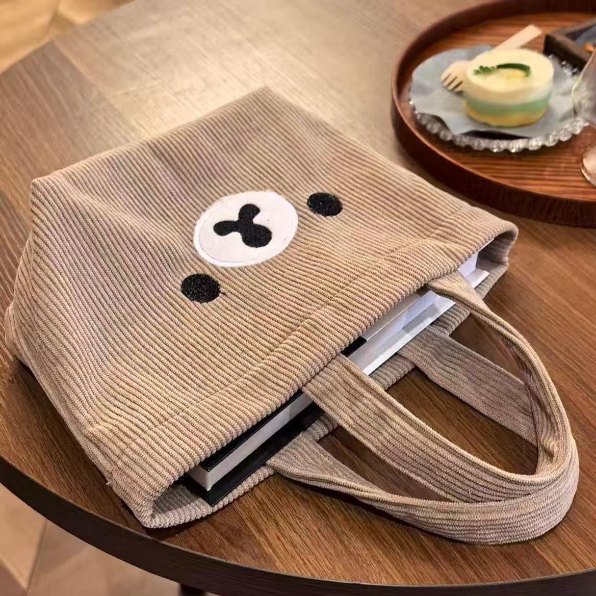 Cute Bear Face Corduroy Tote Bag with Embroidery Design, Soft and Large Capacity for Daily Use