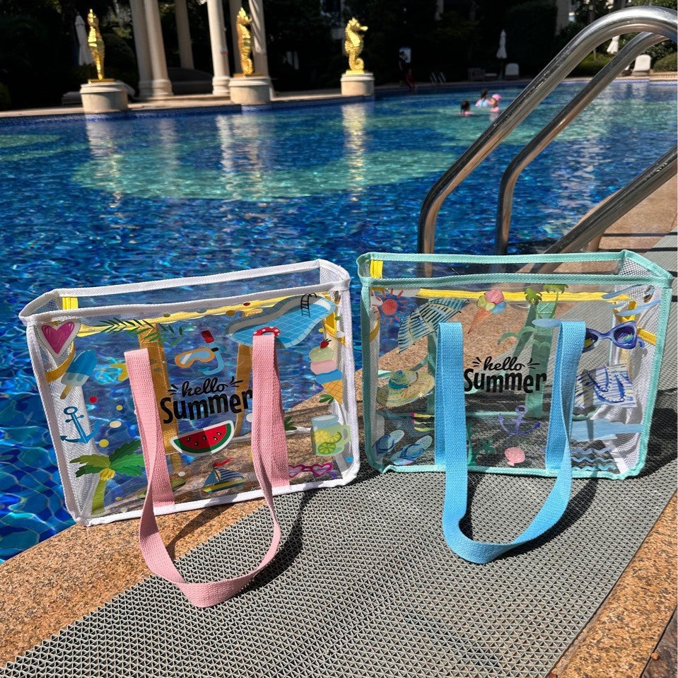 Transparent Waterproof Beach Bag with Summer Print, Large Capacity for Swimwear and Toiletries, Perfect for Pool and Travel