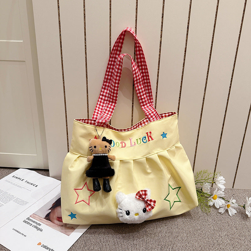 Cute Korean Style Versatile Kitty Pleated Handbag Women's New Large Capacity Commuter out Shoulder Bag