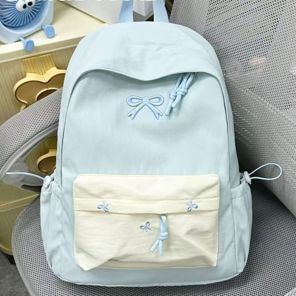 Cute Bow Embroidery Backpack for Students and Travel - Waterproof, Large Capacity, Lightweight Design with Stylish Front Pocket
