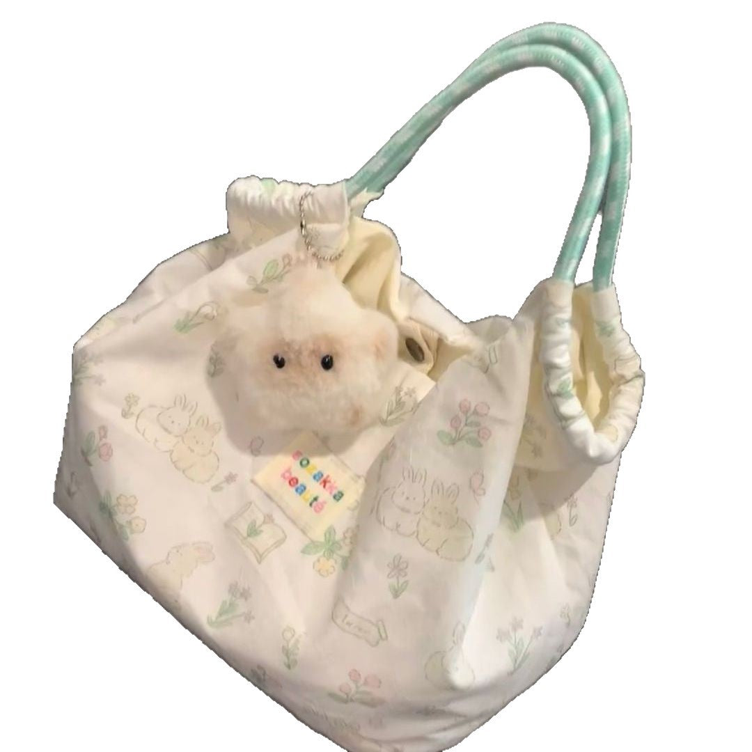 Cute Printed Rabbit Tote Bag for Women, Soft Cotton Fabric, Large Capacity, Daily Commute Style with Charm Pendant