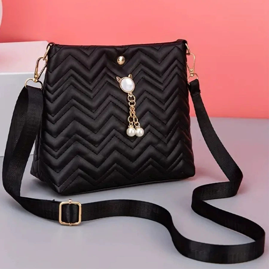 Chic Chevron Quilted Crossbody Bag with Cat Pearl Charm and Magnetic Closure for Daily Fashion