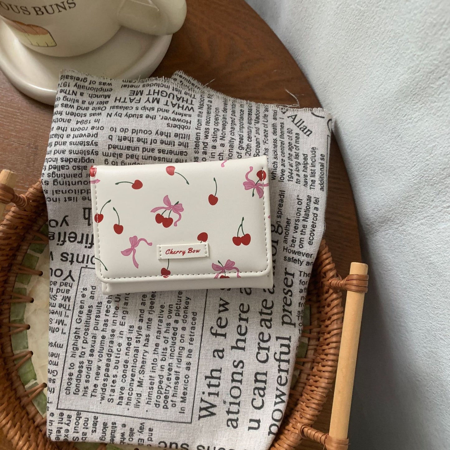 Cute Cherry Pattern Three-Fold Wallet for Women, Fashionable and Spacious Daily Use Purse with Sweet Design