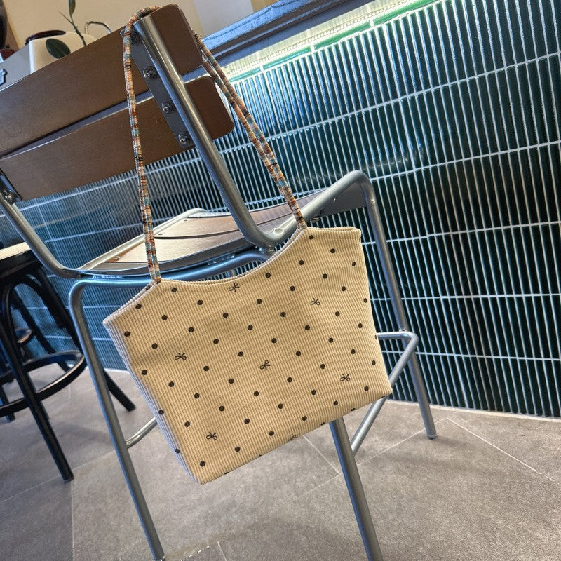 New Women's Tote Retro Corduroy Polka Dot Bow Fashion Shoulder Commuter Bag Everyday Joker