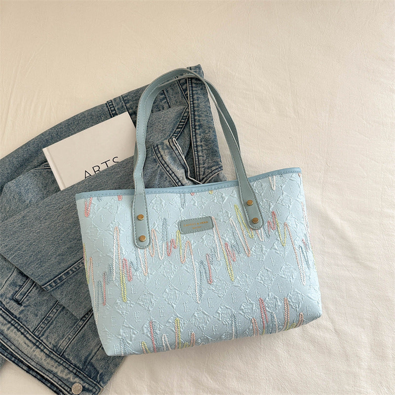 Leisure Commute Large Capacity Bag Women's New Fashion Shoulder Striped Embroidered Tote Bag