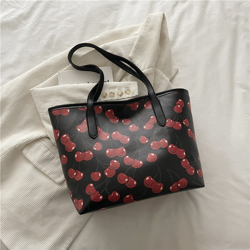 Cherry Printed Tote Women's Fashion Large Capacity Shoulder Bag New Simple Handbag