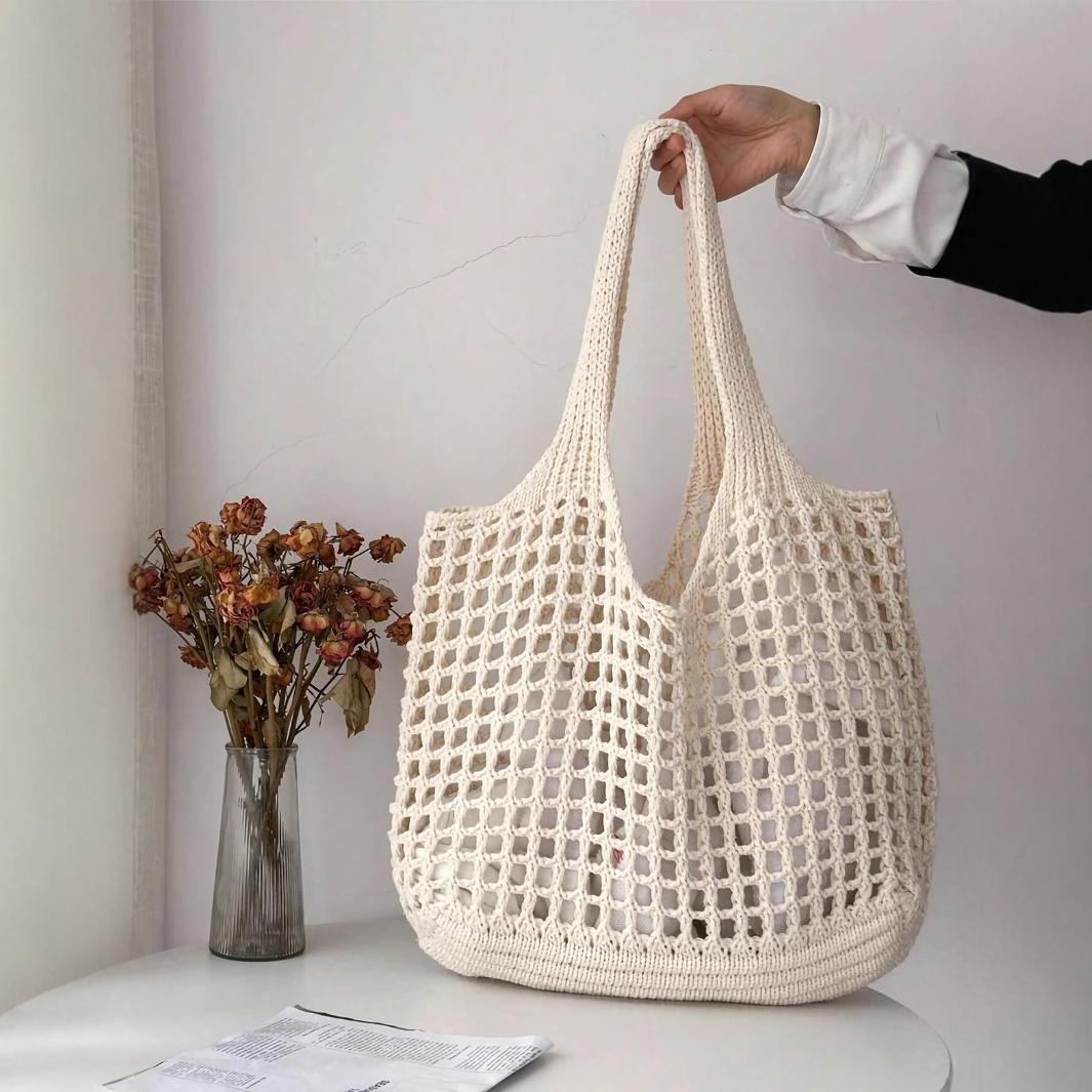 Women's Shoulder Bag Hollow Knitted Tote Bag Beach Vacation Simple Large Capacity Daily Commuter Hand-Carrying Bag