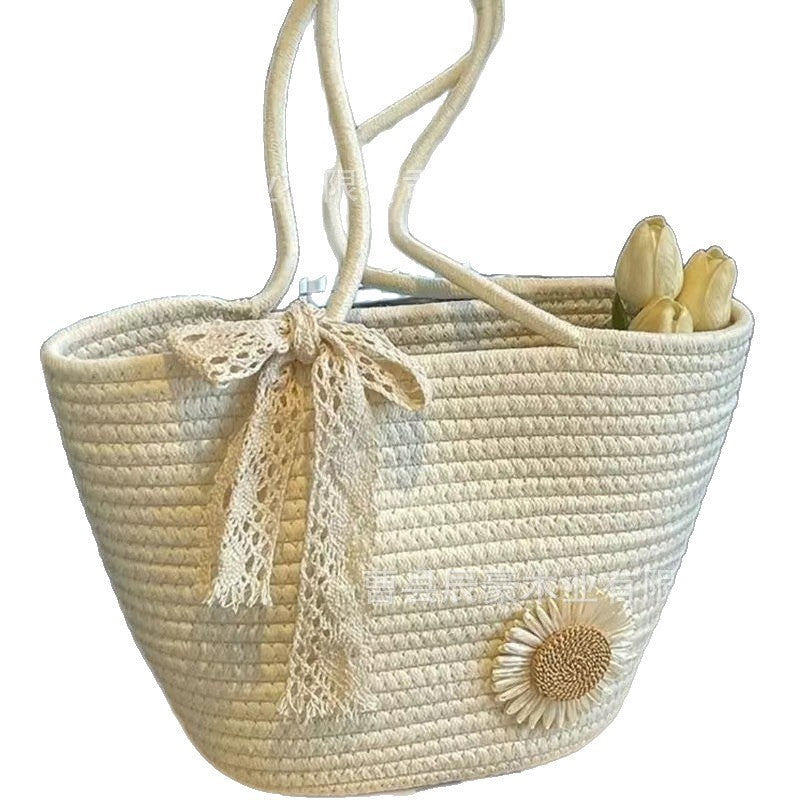 Women's Shoulder Bag Handmade Cotton String Woven Tote Bag Flower Decoration Large Capacity Commuter Travel Beach Handbag