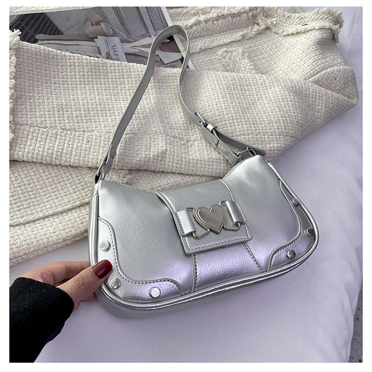 Chic Minimalist Shoulder Bag with Heart Buckle Design for Women, Trendy Crossbody Bag with Rivet Details