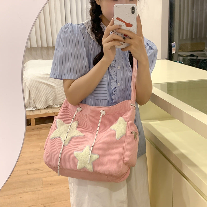 Cute Star-Embellished Corduroy Tote Bag for Women, Casual Daily Shoulder Bag with Zipper Pocket and Soft Design