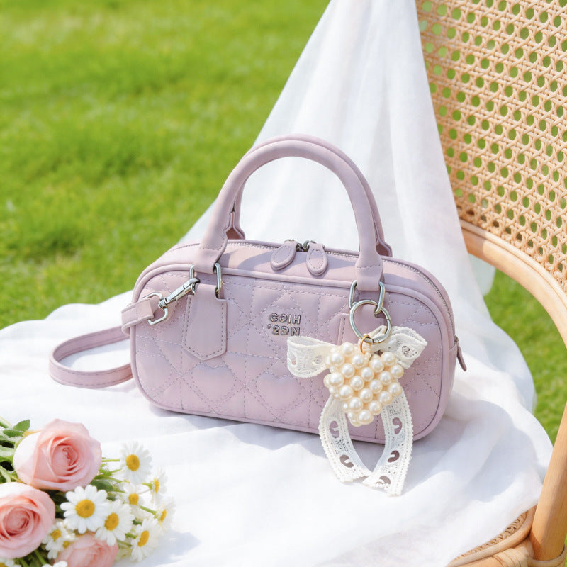 Elegant Quilted Crossbody Bag with Pearl Charm for Women, Fashionable Daily Use Handbag with Zipper Closure and Adjustable Strap