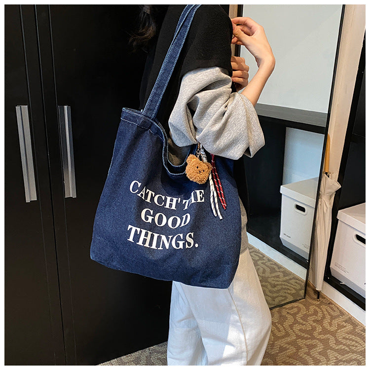 Korean Style Letter Ins Style Denim Bag Large Capacity Versatile Casual Shoulder Bag Trendy Personality Tote Bag