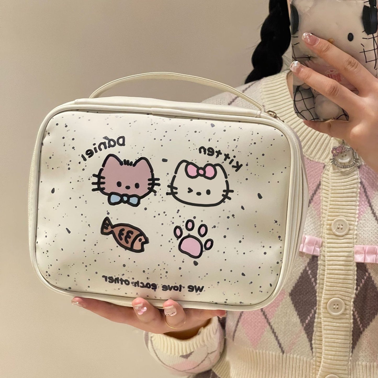 Cute Cat Design Cosmetic Bag for Women, Portable Large Capacity Waterproof Makeup Organizer with Handle, Perfect for Travel and Daily Use