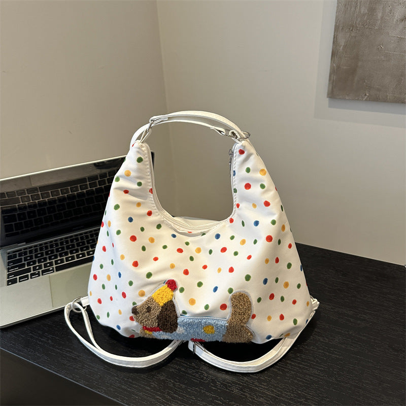 Korean Style Casual Large Capacity Shoulder Bag with Cartoon Polka Dot Print and Relaxed Tote Design for Women