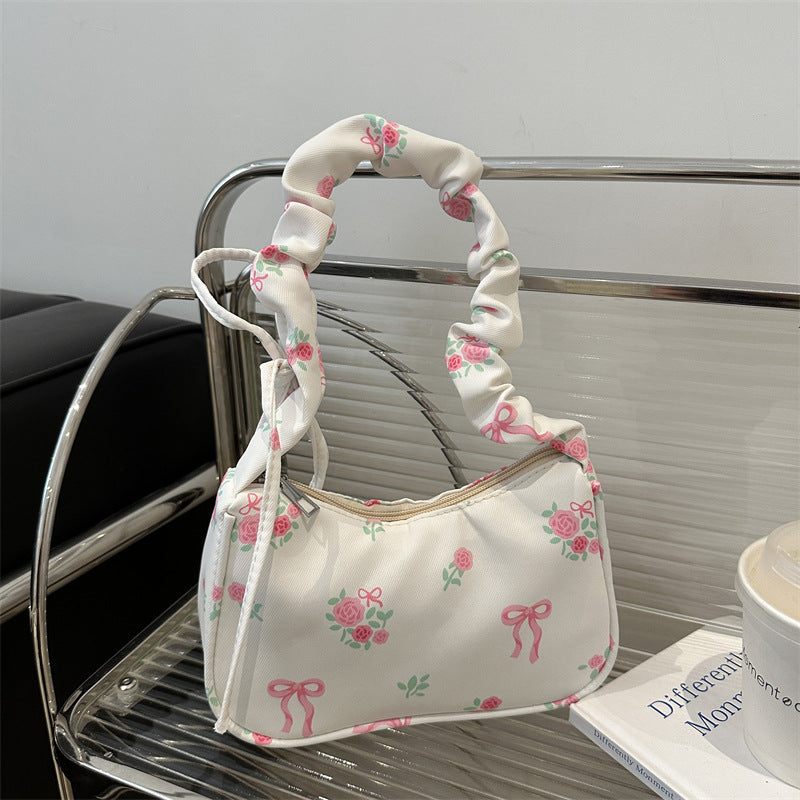 Gentle Sweet Flowers Canvas Bag Female New Drawstring Floral Bow Underarm Bag