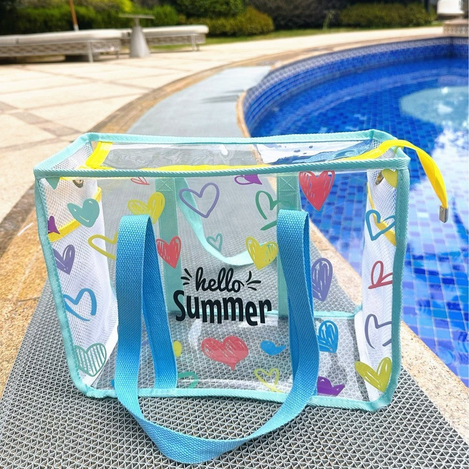 Transparent Waterproof Beach Bag with Summer Print, Large Capacity for Swimwear and Toiletries, Perfect for Pool and Travel