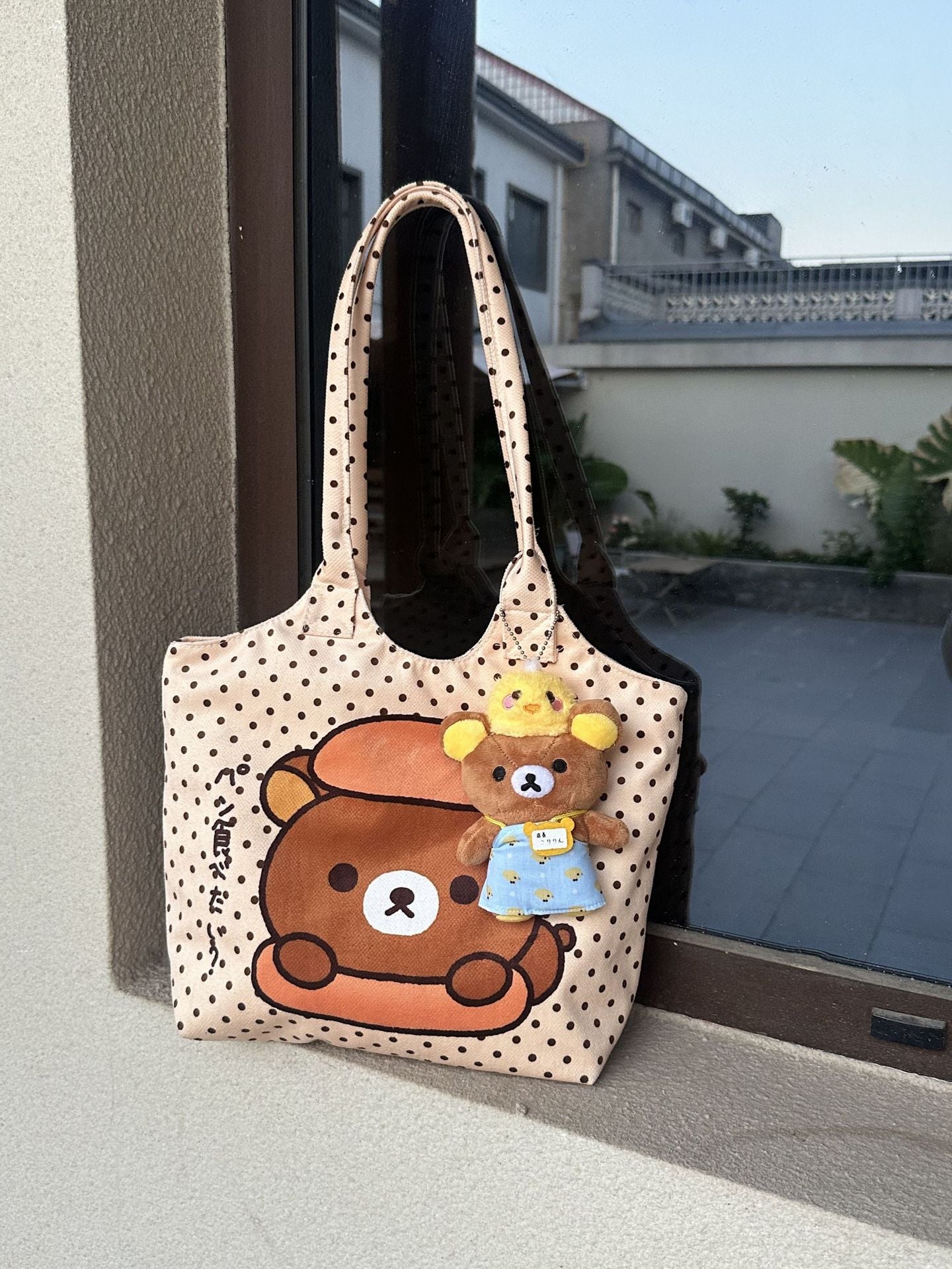 Cute Cartoon Bear Polka Dot Tote Bag for Women, Large Capacity Shoulder Bag with Zipper, Perfect for Daily Commute and School