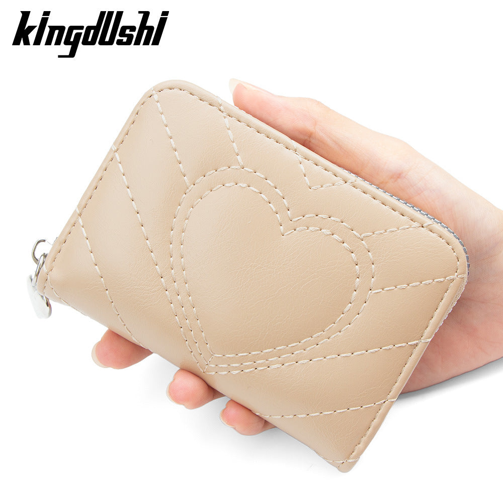 Stylish Heart Embroidery Zipper Card Holder with Multiple Slots and Large Capacity for Daily Use