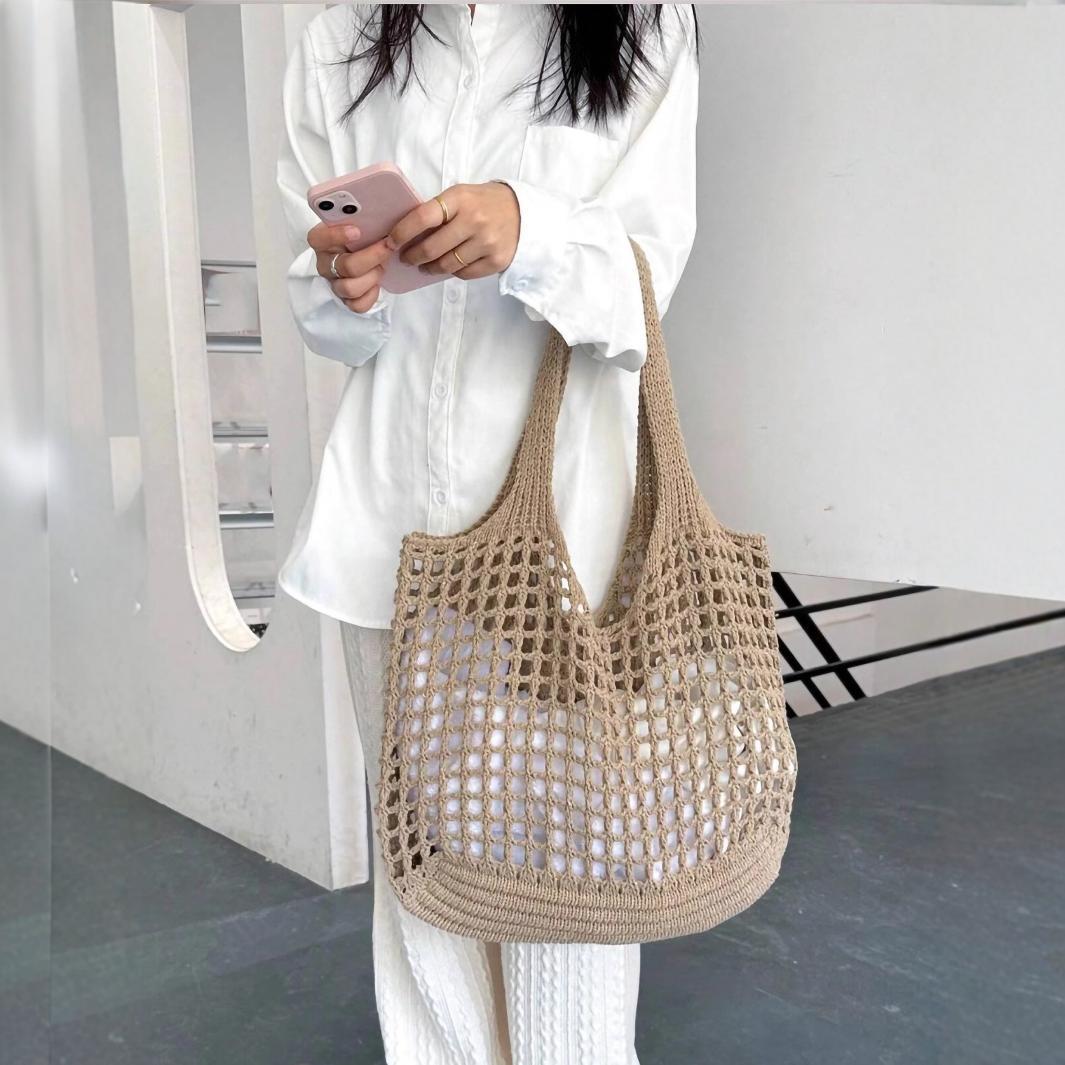 Women's Shoulder Bag Hollow Knitted Tote Bag Beach Vacation Simple Large Capacity Daily Commuter Hand-Carrying Bag