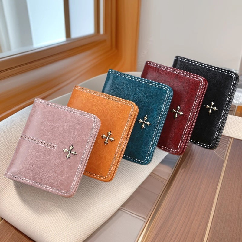Women's Wallet Korean-Style Short Multiple Card Slots Oil Wax Leather Card Holder Fashion All-Match Zipper Coin Purse