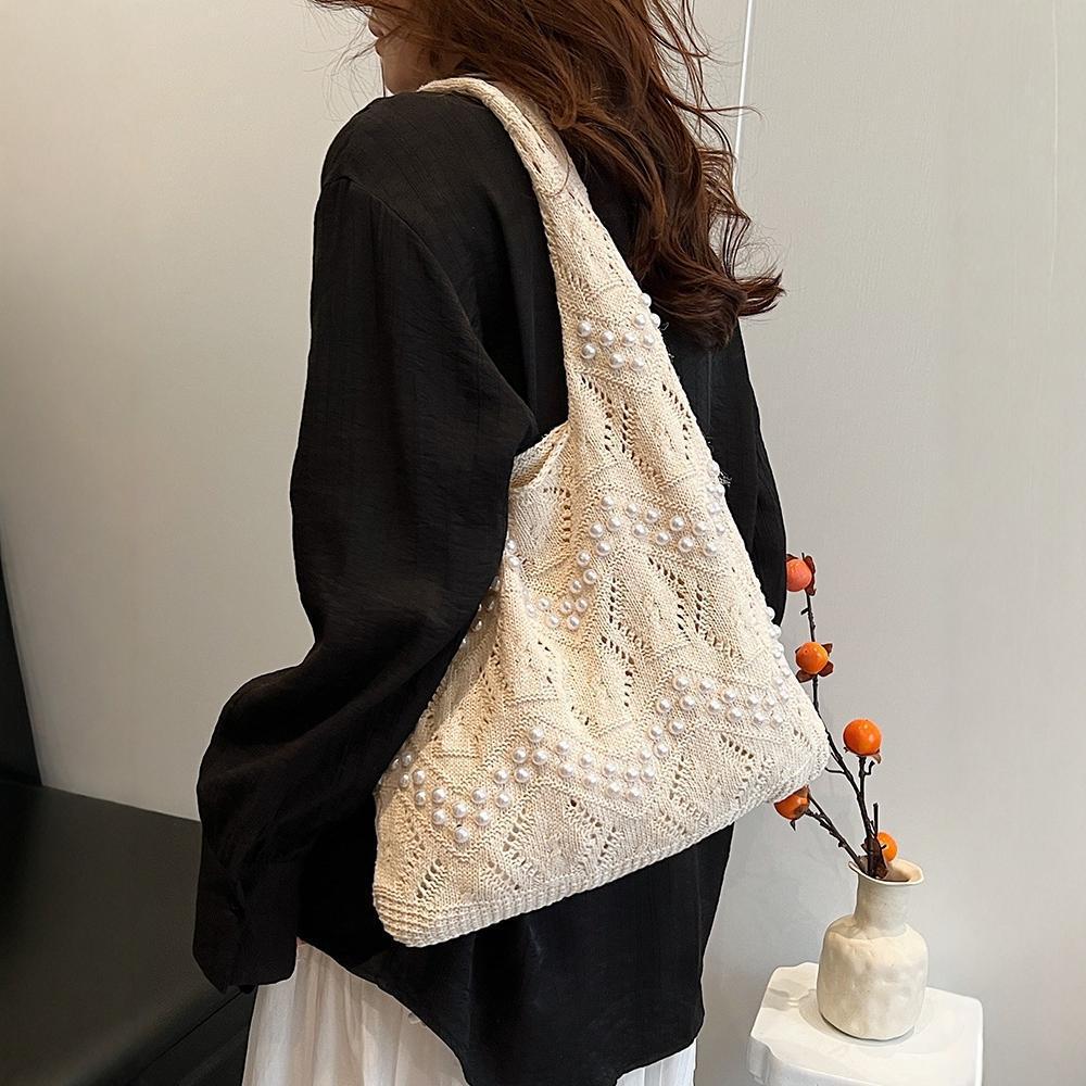 Casual Simple Knitted Bag Women's New Large Capacity Commuter Shoulder Fashion Pearl Tote Bag