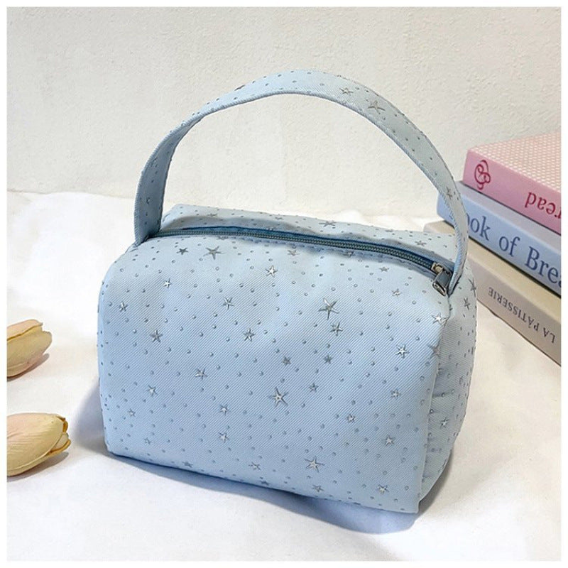Stylish Star-Print Canvas Tote Bag for Makeup, Stationery & Daily Essentials - Soft Portable Handheld Organizer