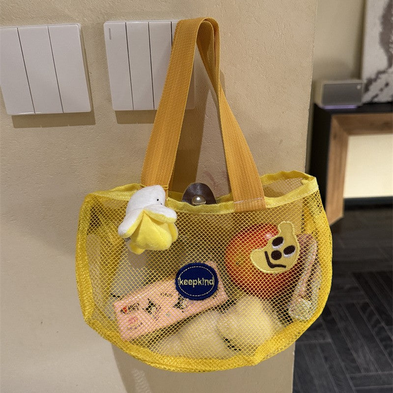 Summer Mesh Tote Bag with Cute Accessories for Beach, Bath, and Daily Use