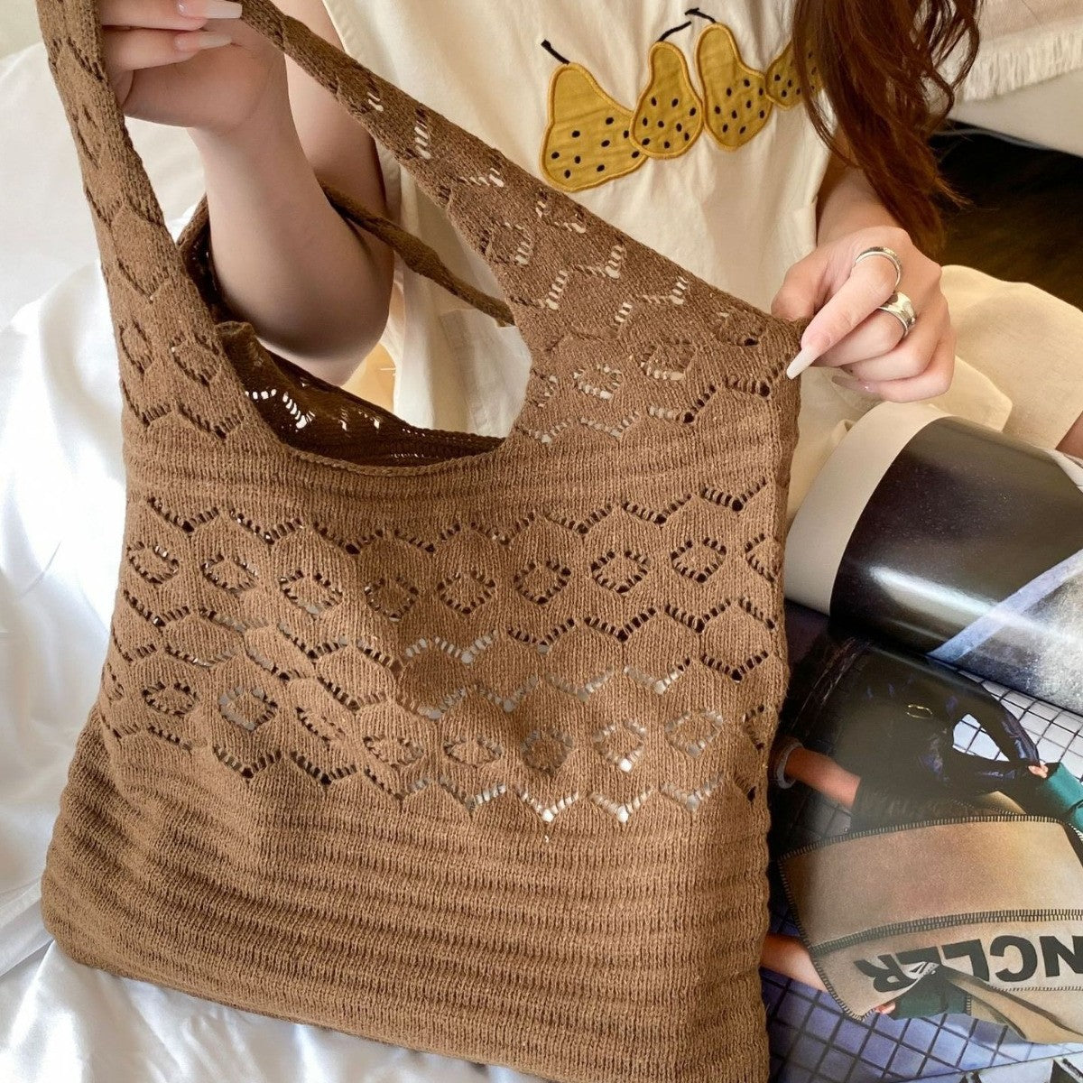 Women's Shoulder Bag Retro Mesh Hollow out Hand-Woven Tote Bag Shoulder Hand-Carrying Dual-Use Daily Commuter Shopping Versatile