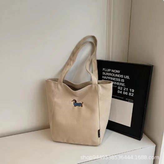 Stylish Canvas Tote Bag with Embroidered Dachshund Design, Large Capacity for Daily Commute and School Use