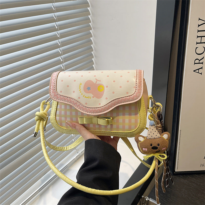 Cute Apple Small Square Bag Urban Simple Style Plaid Bow Design Fashionable All-Match Shoulder Messenger Bag