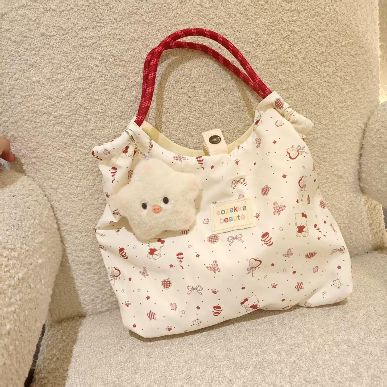 Cute Cat Print Tote Bag with Soft Star Charm, Perfect for Students and Daily Use
