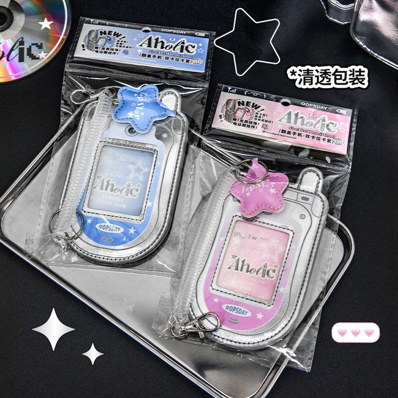 Flip Phone Style Card Holder with Transparent Window and Three Card Slots, Cute Design for Students and Fans