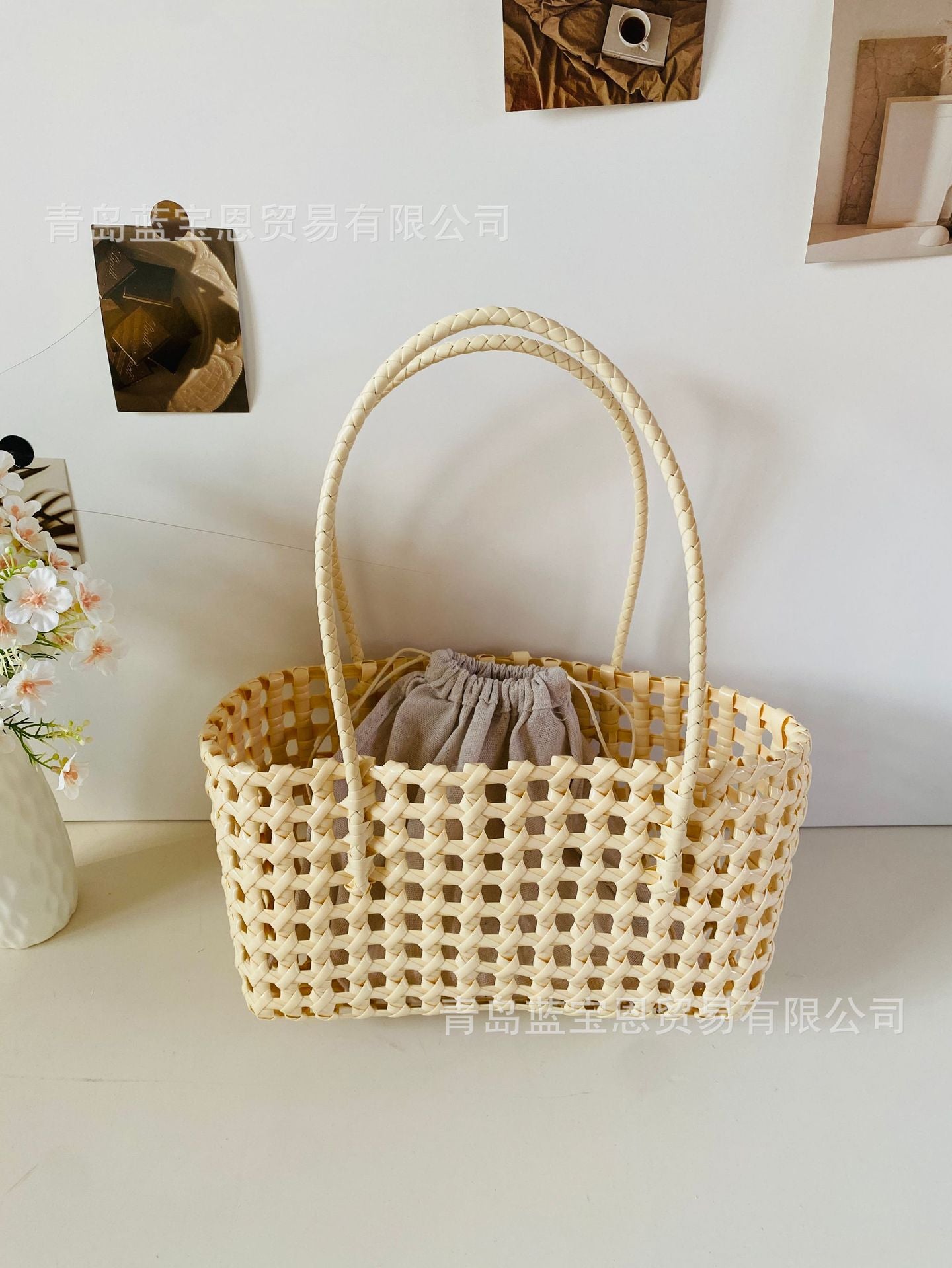 Handbag Weaving Hollow Vegetable Basket Bag PVC Commuter Tote Straw Bag