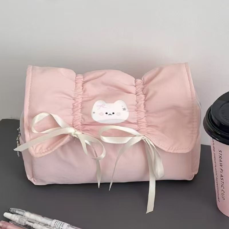 Cute Cat Design Zipper Pencil Case with Bowknot, Large Capacity, High-Style Student Stationery Bag for Girls