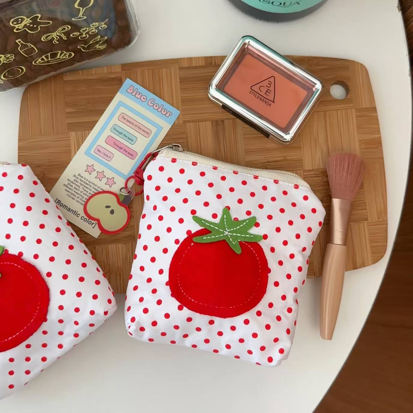 Cute Tomato Polka Dot Mini Pouch for Cosmetics and Earphones, Lightweight and Portable Everyday Accessory