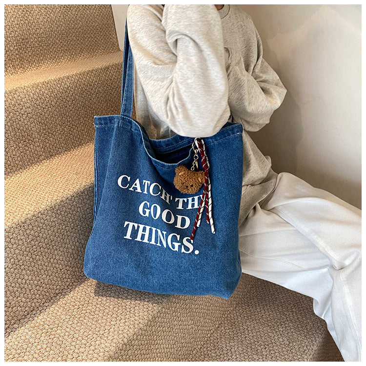 Korean Style Letter Ins Style Denim Bag Large Capacity Versatile Casual Shoulder Bag Trendy Personality Tote Bag