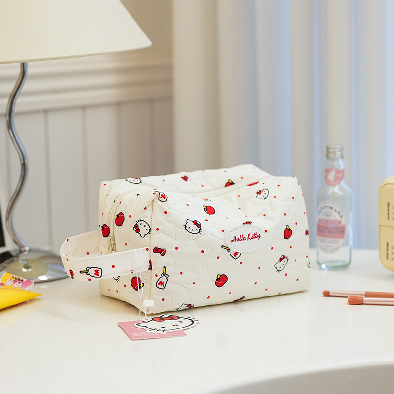 Cute Hello Kitty Quilted Cosmetic Bag with Cloud Design, Portable Travel Makeup Organizer for Women and Girls