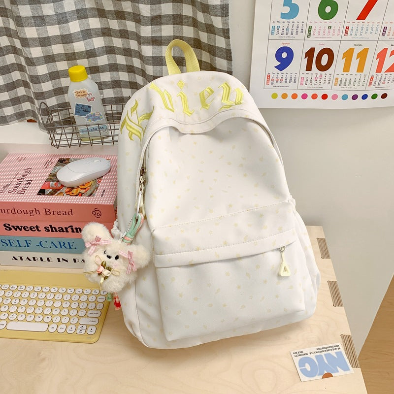 Cute Pink Letter Embroidery Backpack with Plush Keychain for Girls - Stylish and Functional School Bag