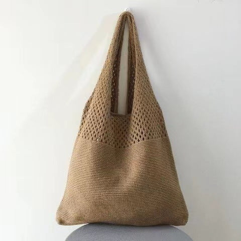Tote Bag Women's New Korean Knitted Solid Color Shoulder Hollow Large-Capacity Crossbody Bag