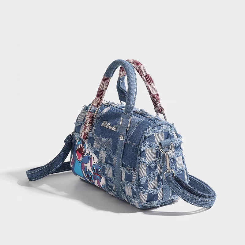 2026 New Checkerboard Denim Tote Bag with Frayed Edges and Crossbody Strap, Urban Minimalist Style