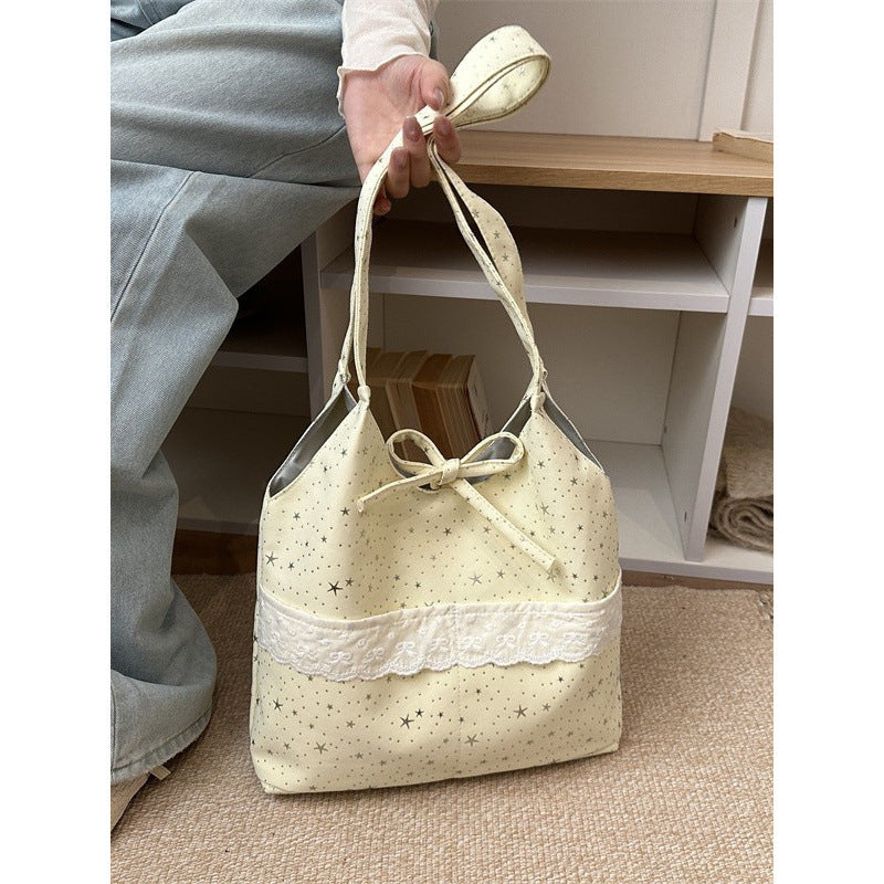 Shoulder bag for women, new style, Japanese and Korean bow-knot lace, large capacity, good-looking, fairy student canvas bag