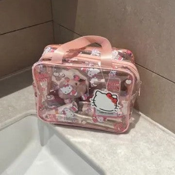 Cute Transparent Hello Kitty Cosmetic Bag with Waterproof Design and Large Capacity for Daily Use