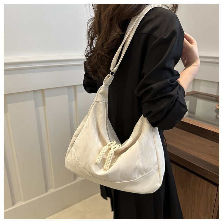 2026 Spring New Fashion Women's Large Capacity Soft PU Tote Bag with Beaded Drawstring, Casual Travel Shoulder Bag