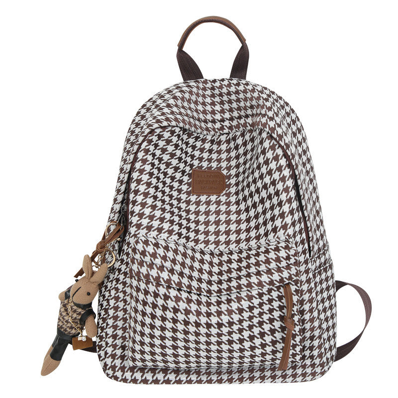 Stylish Houndstooth Backpack for Women - Lightweight, Durable & Spacious Design with Cute Rabbit Charm