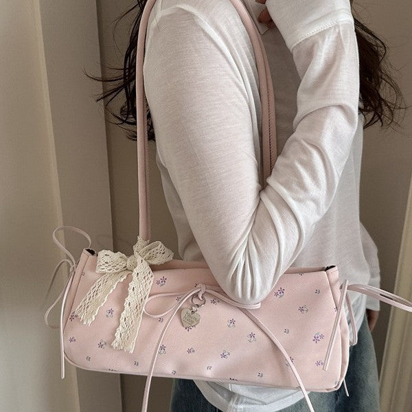 Cute Floral Print Tote Bag with Bow Detail for Women, Fashionable Shoulder Bag with Elegant Design and Soft PU Material