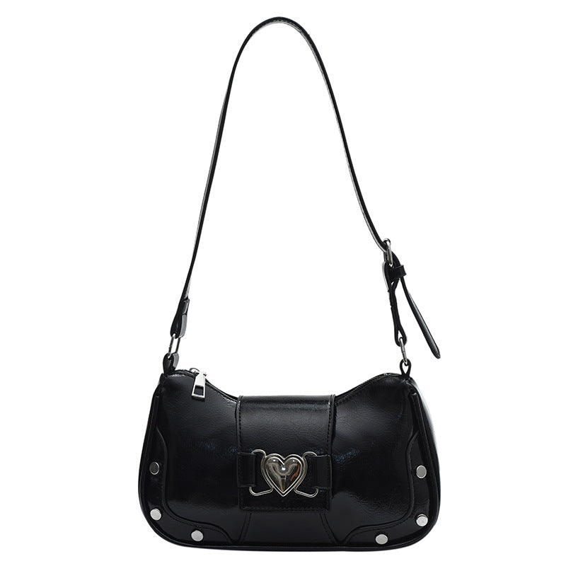 Chic Minimalist Shoulder Bag with Heart Buckle Design for Women, Trendy Crossbody Bag with Rivet Details