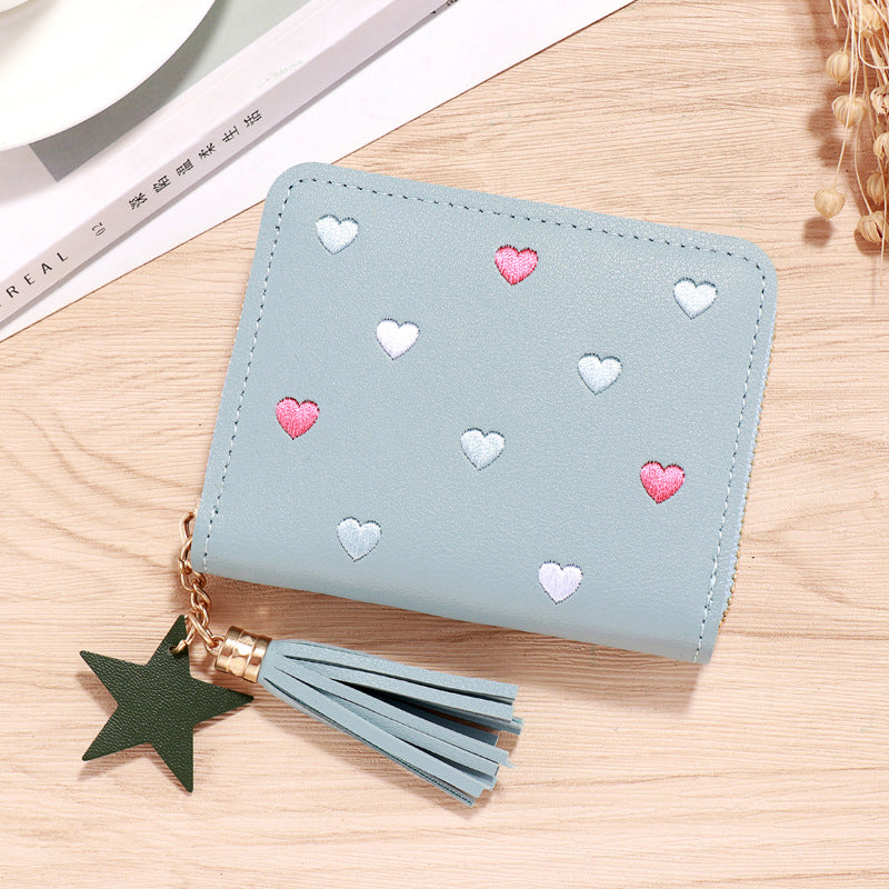 Cute Heart Embroidery PU Wallet for Women with Tassel Charm and Star Pendant, Compact Card Holder for Daily Use